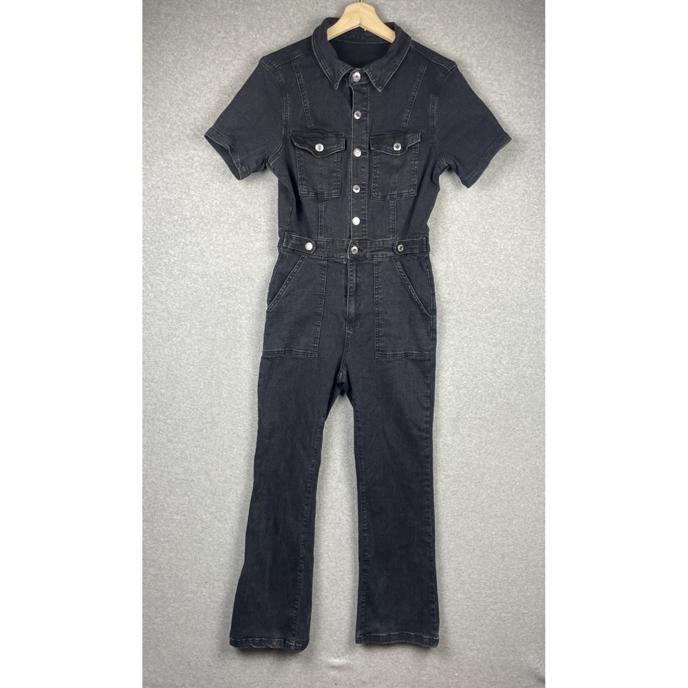 Denim Jumpsuit Womens 6 Medium Black Button Fly Flared Legs Short Sleeve